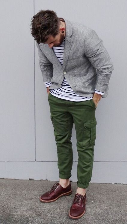 Gray blazer over striped shirt, green cargo pants